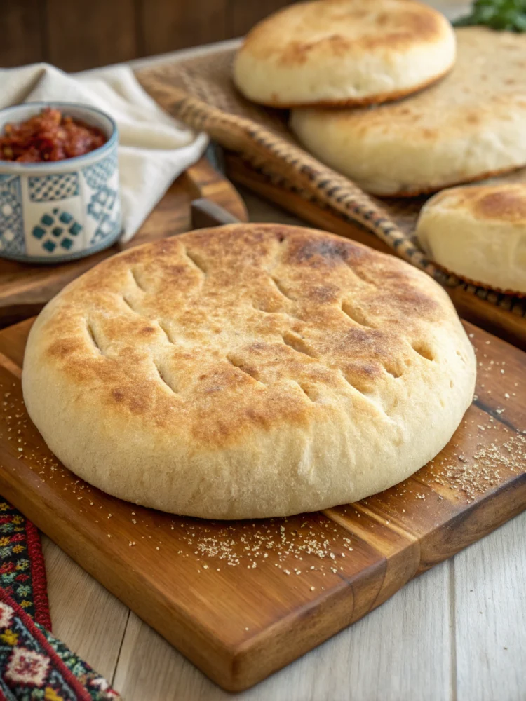 Round semolina bread with crusty exterior and soft crumb